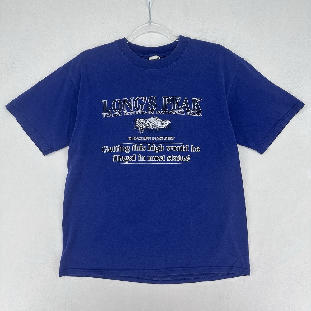 VTG Longs Peak Shirt Mens Sz M Blue Rocky Mountains Get High Colorado Hiking Tee